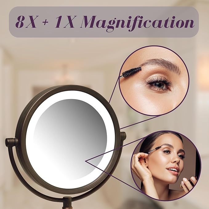 JERDON Lighted Makeup Mirror with Magnification - 1X and 8X Magnification - Bronze Makeup Mirror - Model HL8808BZL