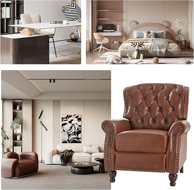 HULALA HOME Genuine Leather Recliner Chair with Solid Wood Feet, Modern Adjustable Tufted Push Back Arm Chair w/Rivet Decoration, Home Theater Seating Single Reclining Sofa for Living Room, Brown