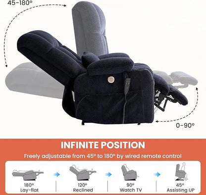 Power Lift Recliner Chair for Adults Oversized Infinite Position Lift Chair for Elderly W/Massage & Heat, Lay Flat Recliner Chair, One-Touch Reset, Cup Holders, Lumbar Pillow, Fabric (Premium, Navy)
