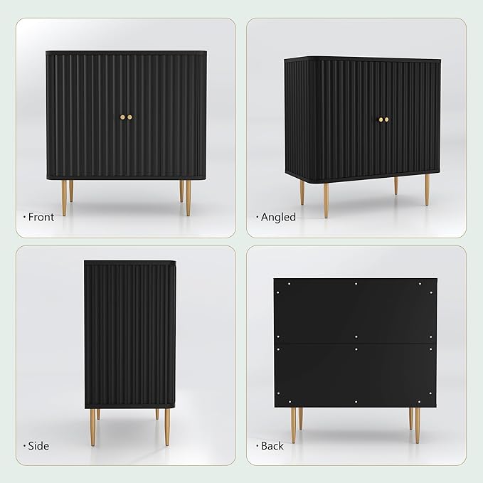 HLR Sideboard Buffet Cabinet with Fluted Texture, White Accent Cabinet with 2 Doors, Modern Credenza Storage for Kitchen Living Room, Entryway (Black, 2Piece)