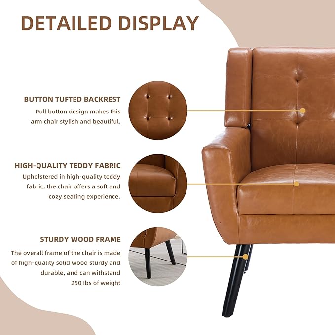 Dolonm Midcentury Modern Leather Accent Chair with Arms, Upholstered Reading Side Chair Tufted Back Decorative Wingback Chair for Living Room Bedroom (Light Brown-PU)