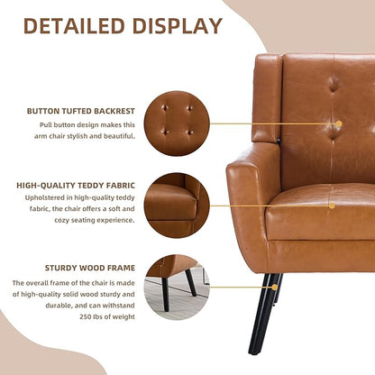 Dolonm Midcentury Modern Leather Accent Chair with Arms, Upholstered Reading Side Chair Tufted Back Decorative Wingback Chair for Living Room Bedroom (Light Brown-PU)