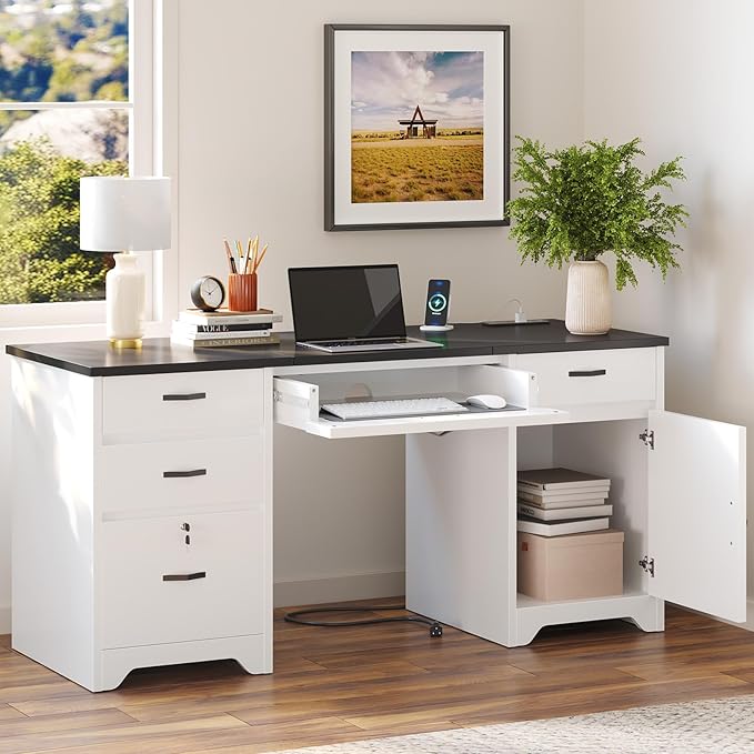 Bestier 59” Office Desk with Lockable Drawers, Modern Computer Desk with File Drawer, Charging Station & Drop-Front Keyboard Drawer, Executive Desk with Storage Cabinet for Home Office & Studio, White