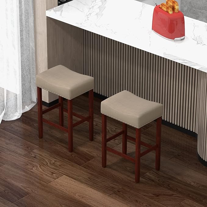 COSTWAY Counter Height Bar Stools Set of 4, 25-inch Backless Saddle Stools with Nailhead Trim, Rubber Wood Frame, Footrest, Max Load 330 Lbs, Upholstered Barstools for Kitchen Island Pub, Beige