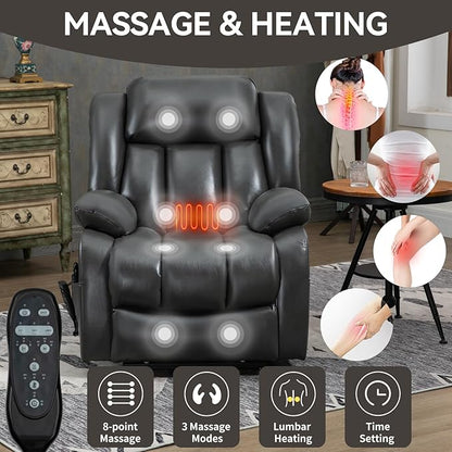Luxlen Electric Power Lift Recliner Chair with Vibration Massage and Heat, Faux Leather Reclining Chairs for Elderly with Remote Controls, Side Pockets, Big and Tall Recliner, Gray