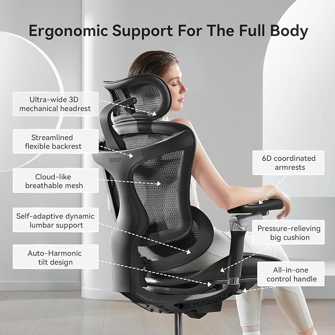 SIHOO Doro C300 Pro Ergonomic Office Chair with Ultra-Soft 6D Armrests, Dynamic Lumbar Support, Seat Depth Adjustment, Adjustable Backrest, Big and Tall Desk Chair for Home Office (Black)