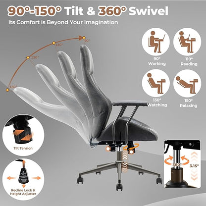 ovios Home Office Ergonomic Chair, Mid-Century Modern Luxury Faux Suede Leather Chairs, Comfy High Back Computer Swivel Rolling Task Armchair for Executive, Grey