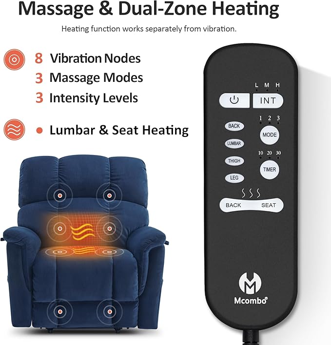 MCombo Large-Wide Dual Motor Power Lift Recliner Chair, Massage and Dual Heating for Elderly People, Infinite Position, Fabric R7166 (Navy Blue)