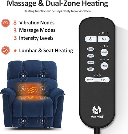 MCombo Large-Wide Dual Motor Power Lift Recliner Chair, Massage and Dual Heating for Elderly People, Infinite Position, Fabric R7166 (Navy Blue)