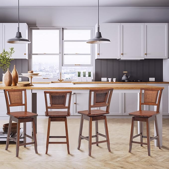 COSTWAY Bar Stools Set of 4, 24.5 Inch Counter Height Bar Stool with Rattan Back, 360°Swivel Seat, Comfortable Footrests, Rubber Wood Bar Stools for Kitchen Island, Dining Room, Cafe, Pub (4)