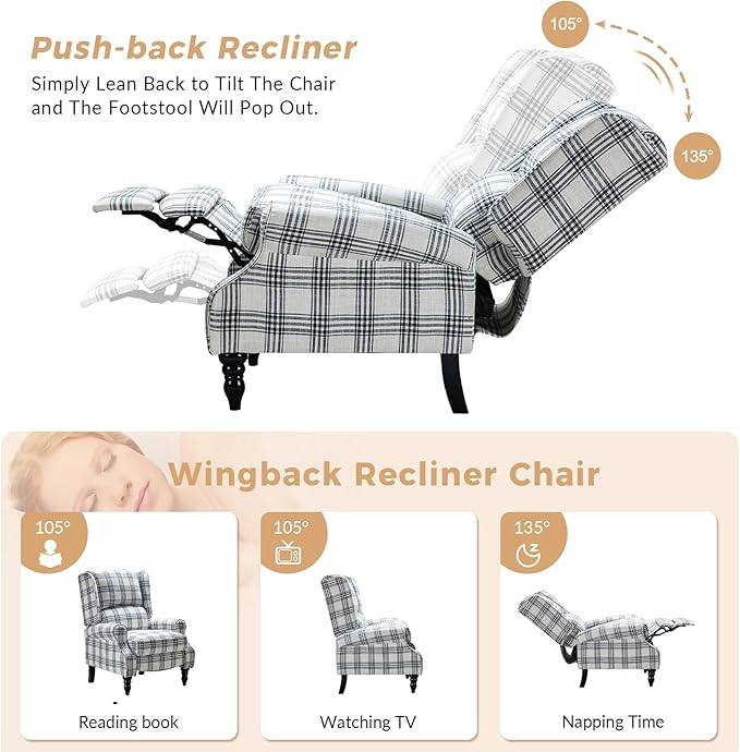 HULALA HOME Upholstered Wingback Recliner Chair Set of 2, Small Adjustable Footrest Push Back Single Reclining Sofa, Mid Century Modern Lounge Armchair for Living Room, Bedroom, Reading/Plaid Black