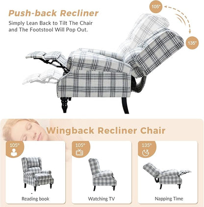 HULALA HOME Upholstered Wingback Recliner Chair Set of 2, Small Adjustable Footrest Push Back Single Reclining Sofa, Mid Century Modern Lounge Armchair for Living Room, Bedroom, Reading/Plaid Black