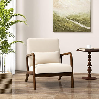 KOMFOTT Mid-Century Modern Accent Chair Set of 2, Living Room LeisureChair with Cushioned Seat & Back, Upholstered Armchair with Rubber Wood Frame & Lumbar Pillow, Lounge Chair for Bedroom, Beige