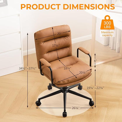 Furniliving Leather Home Desk Chair, Comfortable Executive Office Chair with Wheels, Ergonomic Computer Task Chair Adjustable Height, Brown