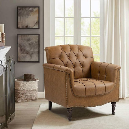 Faux Leather Accent Chair, PU Leather Modern Comfy Upholstered Armchair with Wood Legs & Nailhead Trim for Living Room, Bedroom (Camel,Set of 2)