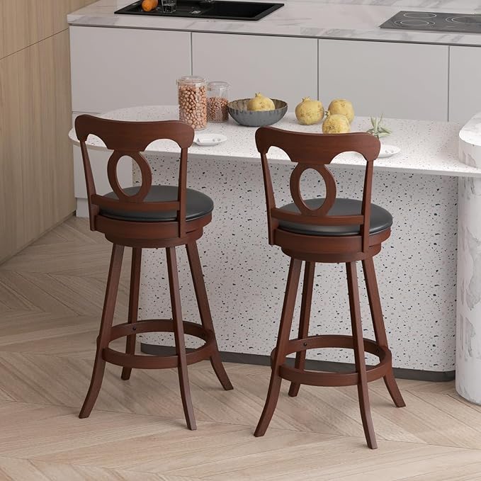 COSTWAY Bar Stools Set of 2, 30 Inch Swivel Bar Height Chairs with Ergonomic Back & Footrest, Vintage Wooden Barstool Set for Kitchen Island, Pub, Bistro, Café, Espresso (2, 30 Inch)