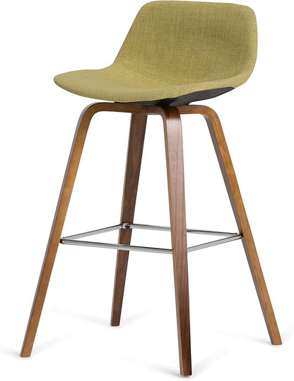SIMPLIHOME Randolph Counter Stools (Set of 2) - 28 Inch Seat Height Upholstered Bentwood Kitchen Seats in Acid Green Linen Look Fabric, Mid Century Modern Seating with Curved Backrest and Footrest