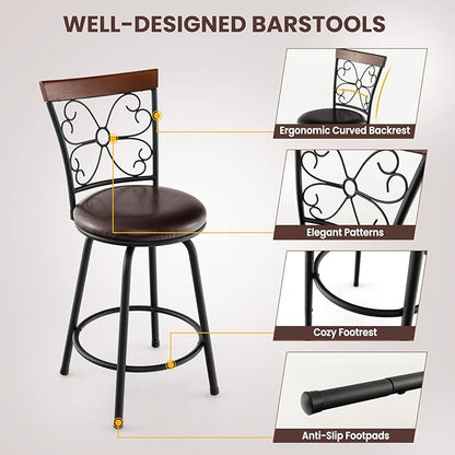 COSTWAY Bar Stools for Kitchen Island, 24/30 Inch Adjustable Seat Height Swivel Barstools Set of 4, Cushioned Seat & Cozy Backrest, Extra Leg Tubes for Height Adjustment, for Kitchen, Bar (4)
