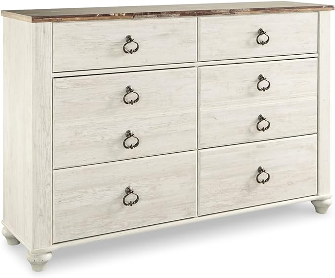 Signature Design by Ashley Willowton Coastal Cottage 6 Drawer Dresser with Faux Plank Top, Whitewash