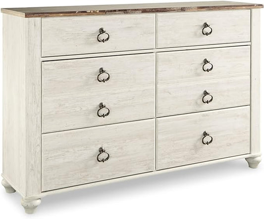 Signature Design by Ashley Willowton Coastal Cottage 6 Drawer Dresser with Faux Plank Top, Whitewash