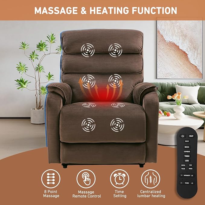 EONIX Dual Motor Lay Flat Power Lift Recliner Chair for Elderly, Chenille Fabric Electric Lift Chairs for Adults, 400lbs Heavy Duty Power Recliner with Heat Massage Charging Ports, Chenille Brown