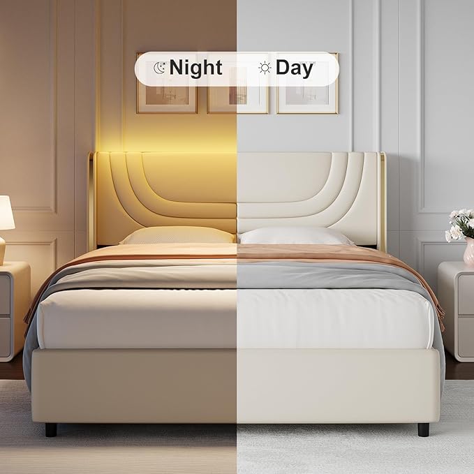 Full Size Bed Frame with LED Lights, Faux Leather Upholstered Platform with Silver Wingback Headboard, Modern Style, No Box Spring Needed, Easy Assembly, Cream