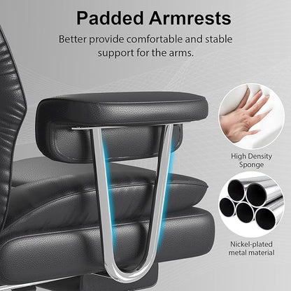 Big and Tall Office Chair, Executive Home Office Desk Chair, Comfy Leather High-Back Reclining Computer Chair with Retractable Footrest and Padded Arms, 360°Swivel Rolling Wheels, Wide Seat, Black