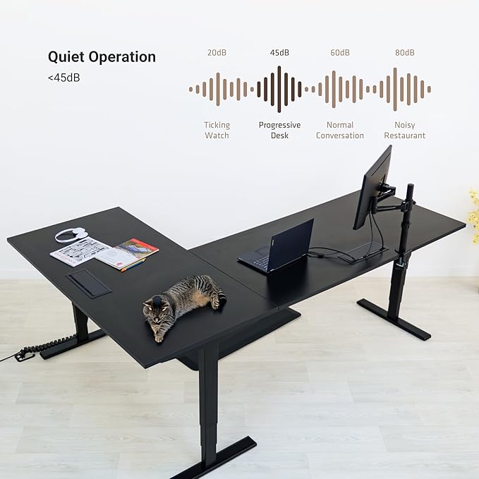 Progressive Desk Stand Up Height Adjustable Standing Desk - L Shaped 85" x 72" Corner Computer Rising Workstation Electric Table - Gray Frame, Ebony Oak Top