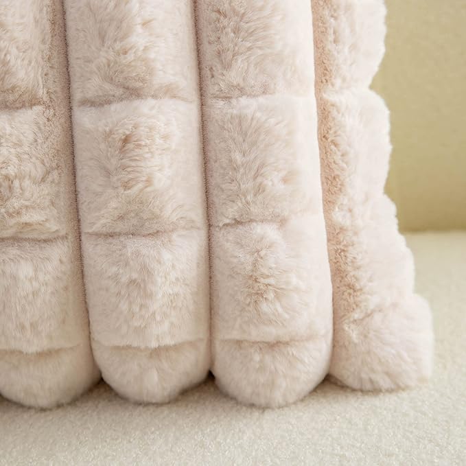 Neelvin Beige Faux Fur Cozy Soft Plaid Decorative Throw Pillow Covers 22x22 inch Set of 2,Velvet Pillowcase Cushion Case for Sofa Couch