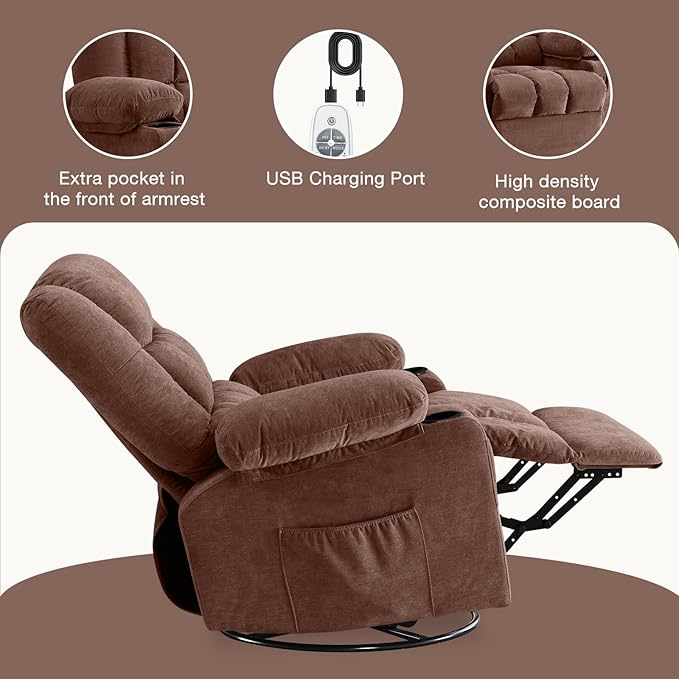 BOSMILLER Massage Swivel Rocker Recliner Chair with Vibration Massage and Heat Ergonomic Lounge Chair for Living Room with Rocking Function and Side Pocket, 2 Cup Holders, USB Charge Port