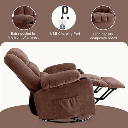 BOSMILLER Massage Swivel Rocker Recliner Chair with Vibration Massage and Heat Ergonomic Lounge Chair for Living Room with Rocking Function and Side Pocket, 2 Cup Holders, USB Charge Port
