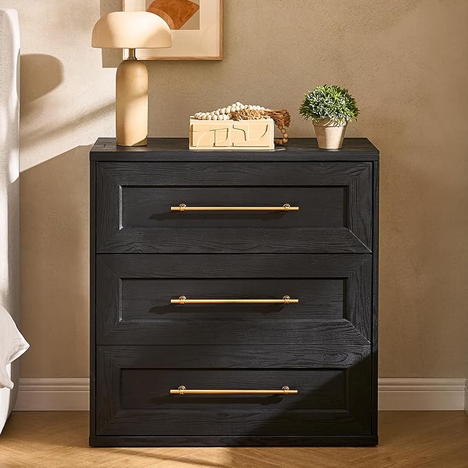 mopio Blake 3 Drawer Dresser for Bedroom, Chest of Drawers, Wood Dresser Organizer, Modern Farmhouse, Tall Night Stand, Enhanced Safety, Sturdy Compliant (1, Black Oak, One Size)