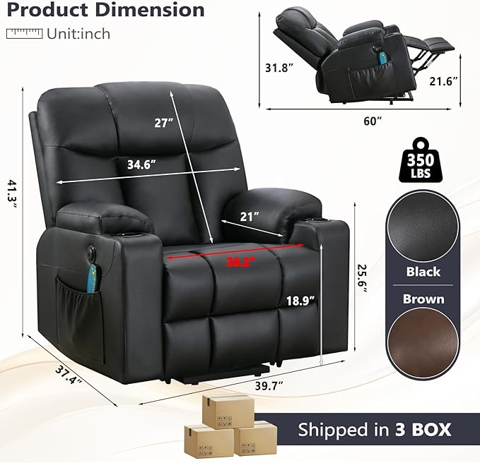 ANJ Black Power Lift Recliner Chair for Elderly with Heat & Massage, Faux Leather Electric Recliner Sofa with USB Port, Cup Holders & Side Pockets, Heavy Duty Reclining Chair for Seniors