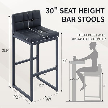 Modern Bar Stools Set of 4, Upholstered Bar Height Barstools with Low Back and Thickened Metal Frame, 30-inch Tall Island Chairs for Kitchen Island, Bar, Counter (Black, 4Pcs 30" Bar Stools)