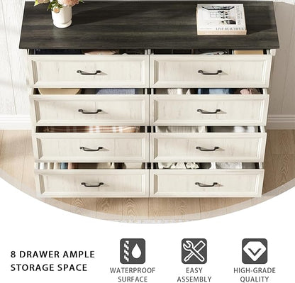 CARPETNAL Farmhouse 8 Drawer Dresser for Bedroom, 55 Inch Wide Modern White Dresser TV Stand with Large Drawers & Bar Handles, Rustic Wood Chest of Drawers for Bedroom, Living Room, Hallway, Entryway.