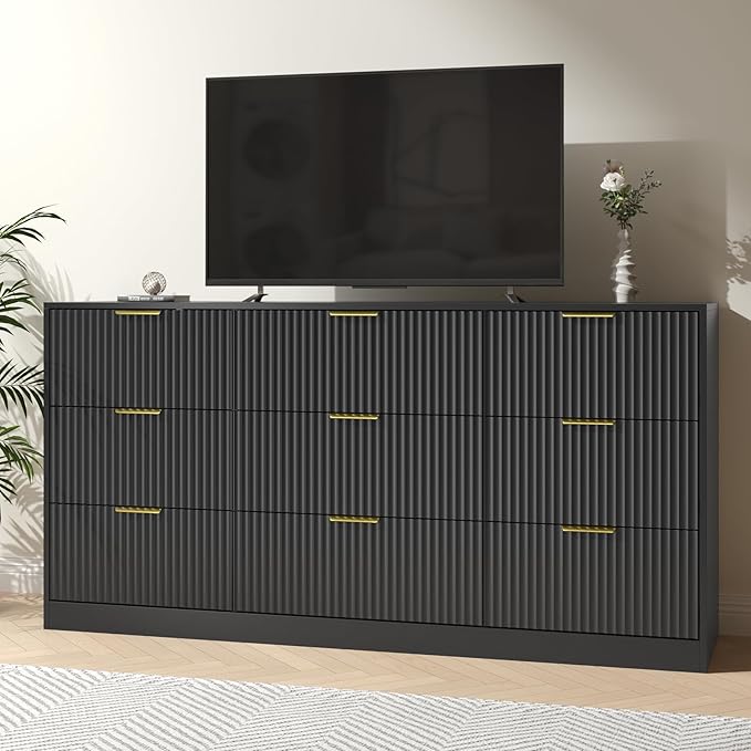 Dresser for Bedroom with 9 Drawer, 63” Long Black Dresser Modern Chest of Drawers with Metal Handle, Wood TV Stand Storage Organizer for Bedroom, Living Room, Black