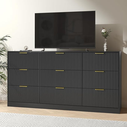 Dresser for Bedroom with 9 Drawer, 63” Long Black Dresser Modern Chest of Drawers with Metal Handle, Wood TV Stand Storage Organizer for Bedroom, Living Room, Black