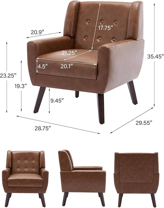 Accent Chair, Mid-Century Modern PU Leather Chairs with Arms for Living Room, Comfy Upholstered Club Single Sofa Armchair for Bedroom Waiting Room with Solid Wood Frame（Leather Coffee, Set of 2)