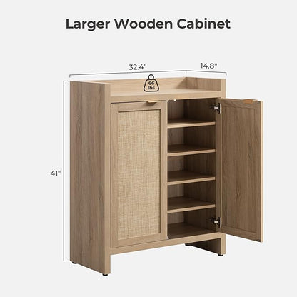 SICOTAS Shoe Cabinet Set of 3, Large Capacity Shoe Storage Organizer Cabinet, Tall Rattan Shoe Cabinet with Doors and Shelves, 6-Tier Farmhouse Boho Wooden Storage Cabinet for Entryway, Light Oak