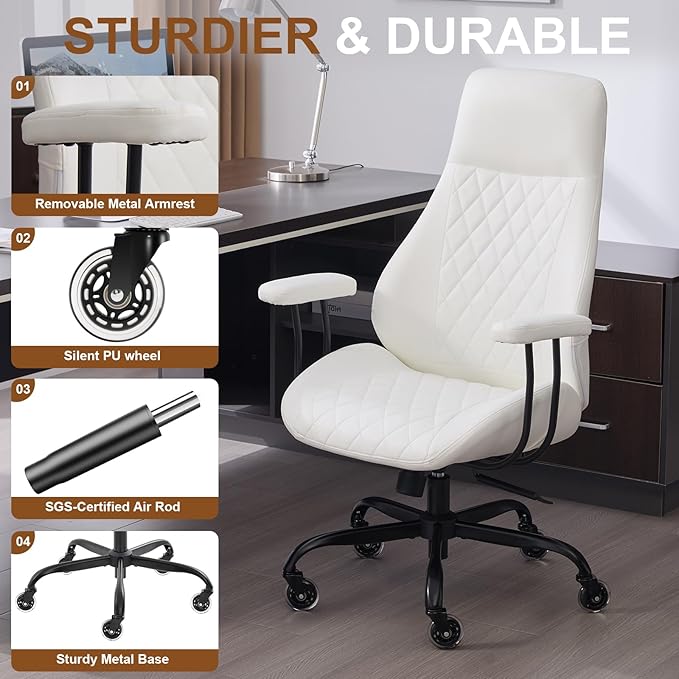 Home Office Desk Chair, Ergonomic High Back Leather Computer Chair with Lumbar Support, Adjustable Height & Recline, Swivel Executive Office Chair with Armrests and Rubber Casters, White
