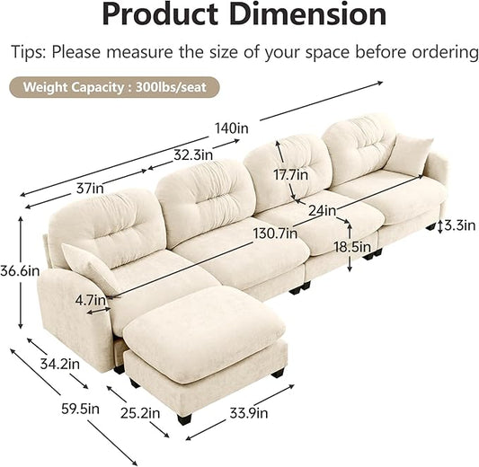 140" L Shaped Sofa for Living Room, Comfy Chenille Fabric Cloud Sectional Couch, Modern Upholstered Deep Seat Sofa with Pillow and Movable Ottoman, Oversized 4 Seater Sectional Sofa, Beige