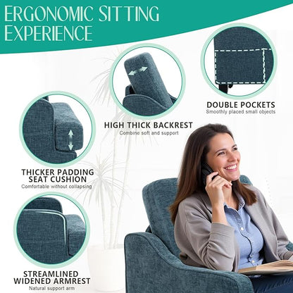 Modern Accent Chairs Set of 2 Upholstered Reading Chair for Bedroom with Side Pockets Comfy Living Room Chairs Living Room Armchair for Office, Apartment (Blue Chenille)
