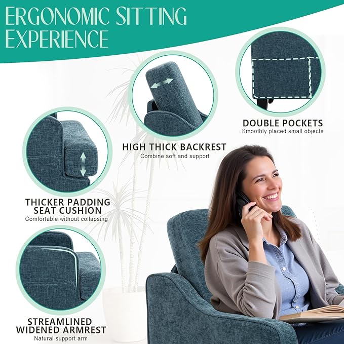 Modern Accent Chair for Bedroom Upholstered Reading Chair with Side Pockets Comfy Living Room Chairs Living Room Armchair for Office, Apartment (Blue Chenille)
