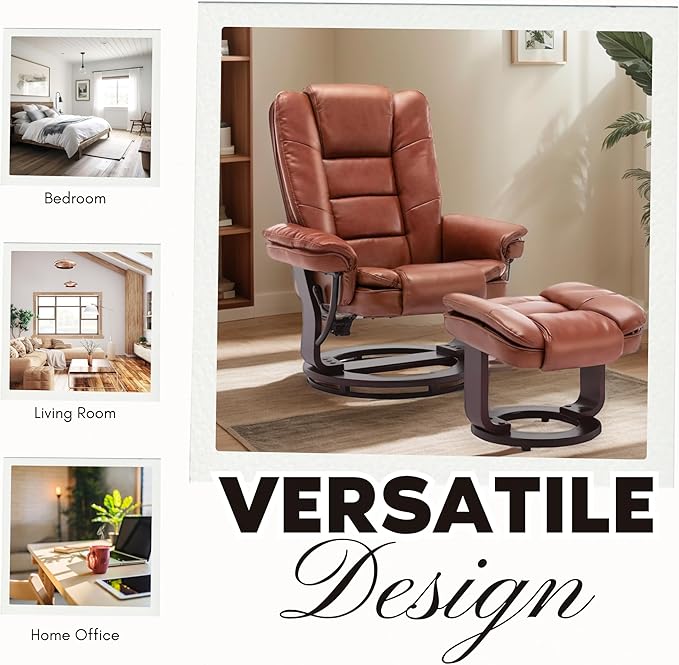 JC Home Argus Swivel Recliner with Ottoman, PU Leather & Wood Base Reclining Chair with Footrest, Ultra-Plush Double Foam for Living Room, Bedroom and Office