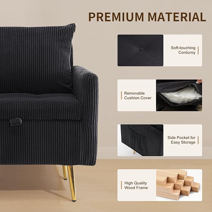 Furnimart Storage Accent Chair with Arm, Mid-Century Corduroy Sofa Chair with Removable Cushion Cover, Reading Chair for Bedroom, Living Room, Apartment, Black