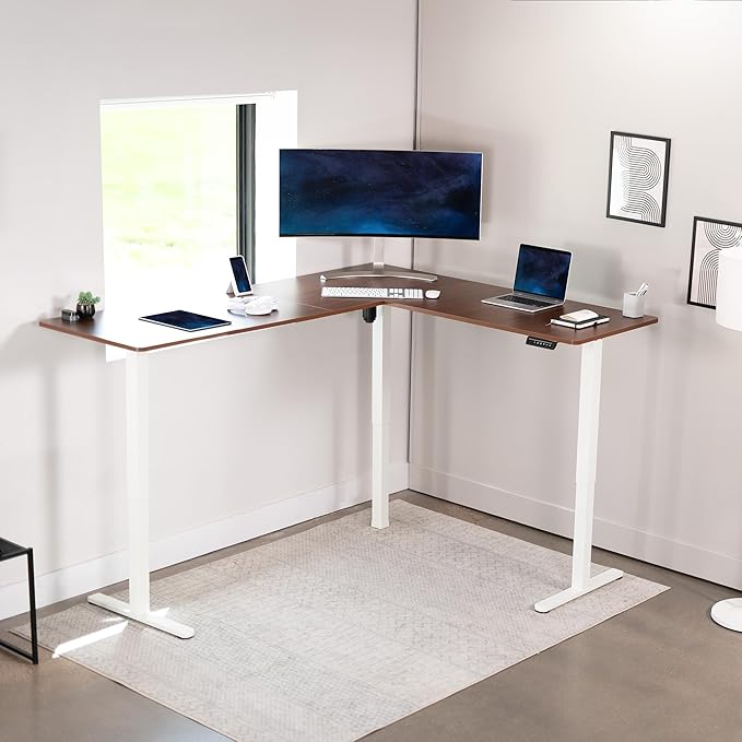 VIVO Corner Standing Desk, 75 x 63 inch Reversible L-Shaped Workstation, Electric Height Adjustment, Home, Office, and Reception Rooms, Dark Walnut Table Top White Frame, DESK-E3CTWD-75