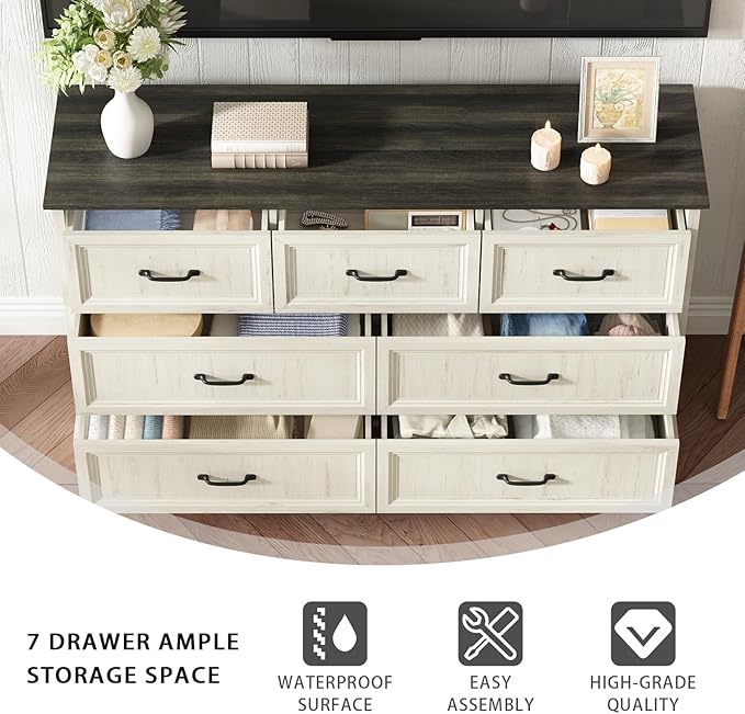 Farmhouse 7 Drawer Dresser for Bedroom, 55 Inch Wide Modern White Dresser TV Stand with Large Drawers & Bar Handles, Rustic Wood Chest of Drawers for Bedroom, Living Room