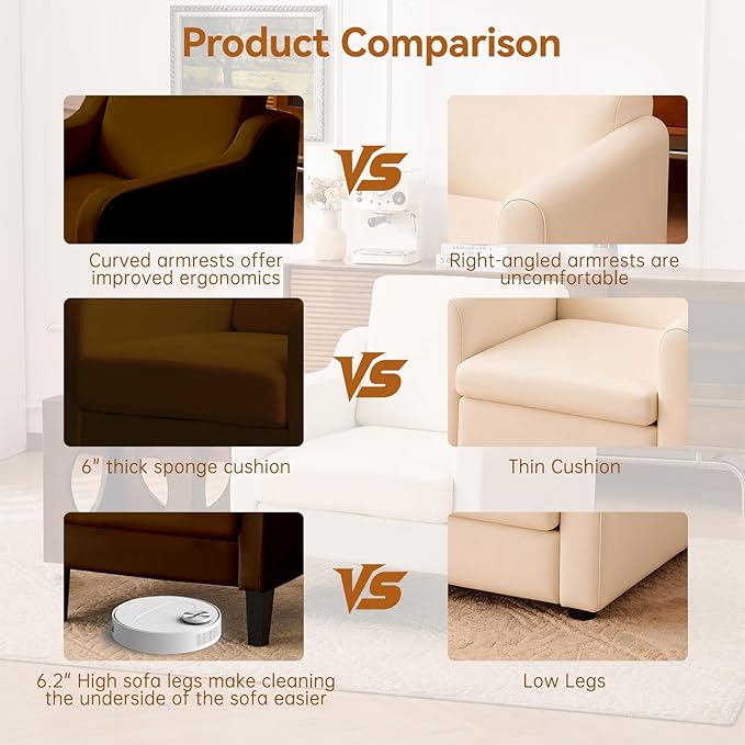 Accent Chair for Living Room, Modern Velvet Living Room Chairs with Wide Backrest, Upholstered Comfy Chair with Cushion, Oversized Sofa Chair with Wood Legs, Single Armchair, Brown
