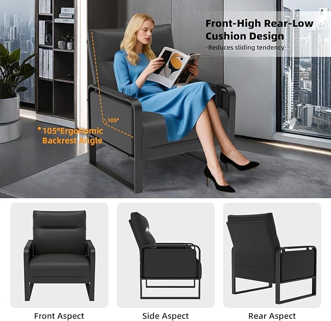 Faux Leather Accent Chair Set of 2, Upholstered Armchair with Side Tray & Pocket, Comfy Reading Chair for Living Room, Bedroom, Guest Room, Black