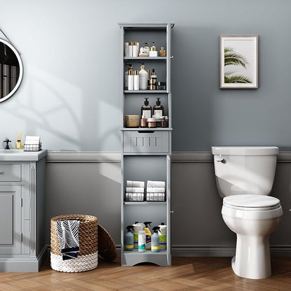 ChooChoo 67" Tall Bathroom Storage Cabinet Freestanding with Adjustable Shelves, Narrow Storage Linen Cabinet with 2 Doors and 1 Drawers for Bathroom, Living Room, Kitchen, Grey